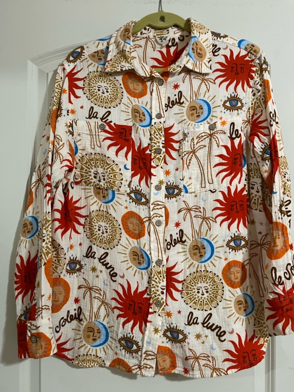 Ivy Jane Colorful Sun & Moon Print Button-Up Shirt Cotton Summer Gauzy Boho - Picture 3 of 13